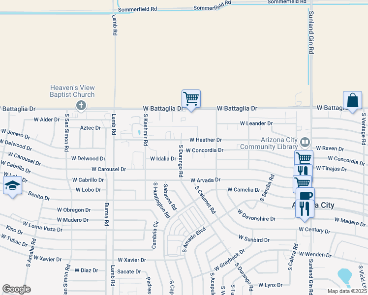 map of restaurants, bars, coffee shops, grocery stores, and more near 13208 South Durango Road in Arizona City