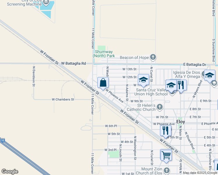 map of restaurants, bars, coffee shops, grocery stores, and more near 1001 North Madison Street in Eloy
