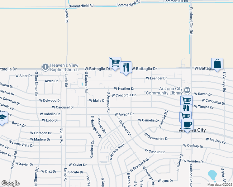 map of restaurants, bars, coffee shops, grocery stores, and more near 10548 West Concordia Drive in Arizona City