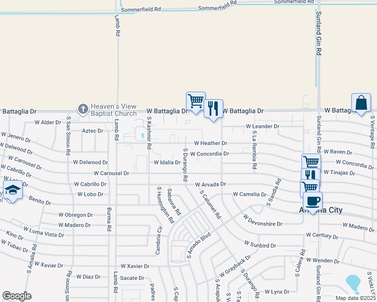 map of restaurants, bars, coffee shops, grocery stores, and more near 13208 South Durango Road in Arizona City