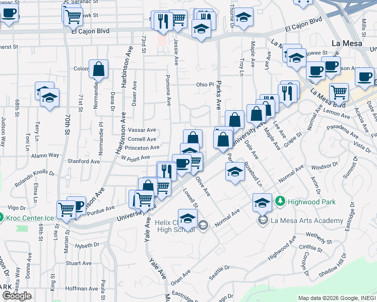 map of restaurants, bars, coffee shops, grocery stores, and more near 4490-4494 Olive Avenue in La Mesa