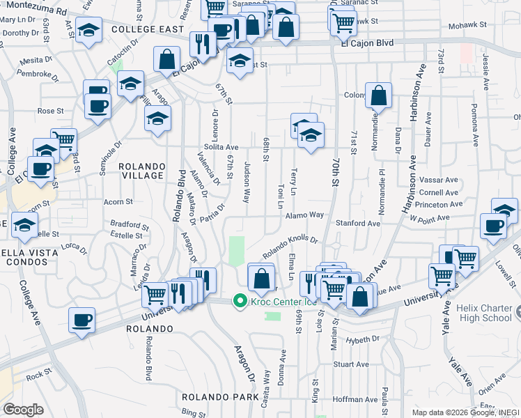 map of restaurants, bars, coffee shops, grocery stores, and more near 4515 68th Street in La Mesa