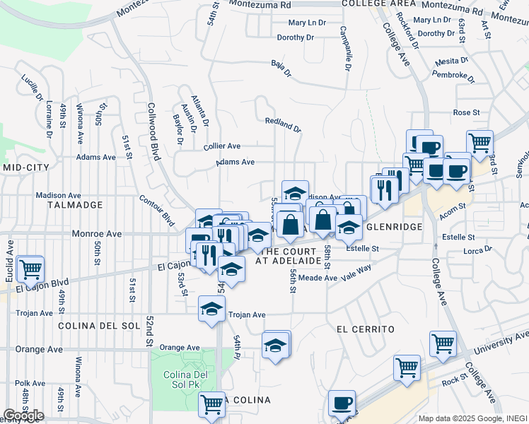 map of restaurants, bars, coffee shops, grocery stores, and more near 4550 55th Street in San Diego