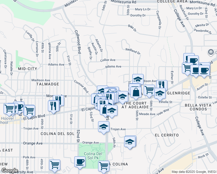 map of restaurants, bars, coffee shops, grocery stores, and more near 4533 54th Street in San Diego