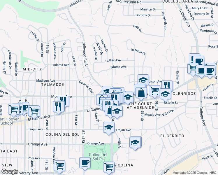 map of restaurants, bars, coffee shops, grocery stores, and more near 4533 54th Street in San Diego