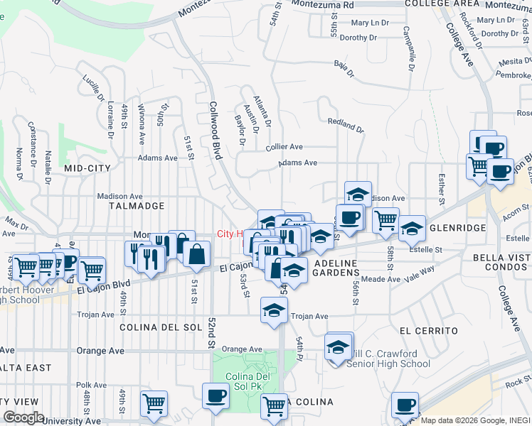 map of restaurants, bars, coffee shops, grocery stores, and more near in San Diego