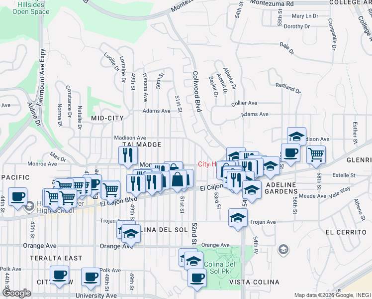 map of restaurants, bars, coffee shops, grocery stores, and more near 4562 52nd Street in San Diego