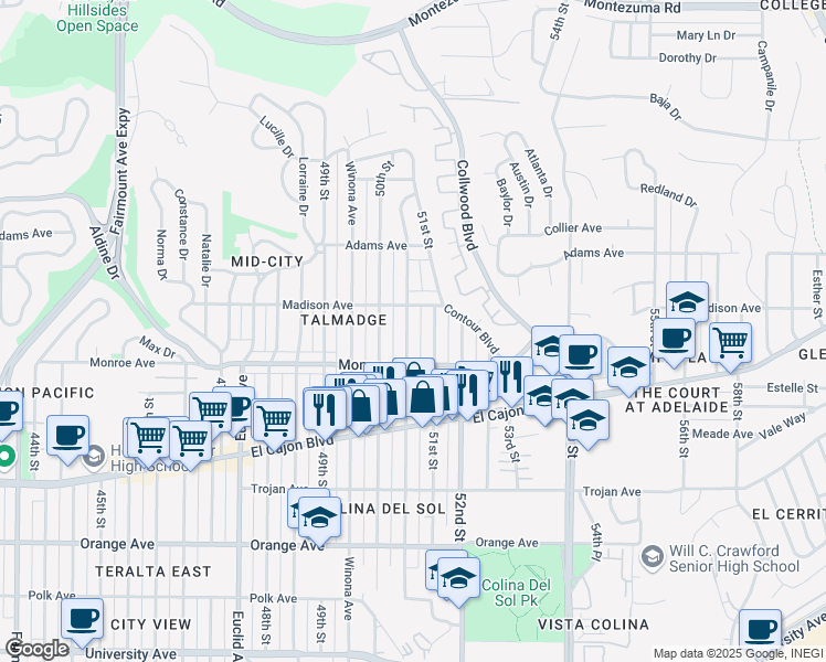 map of restaurants, bars, coffee shops, grocery stores, and more near 4555 Altadena Avenue in San Diego