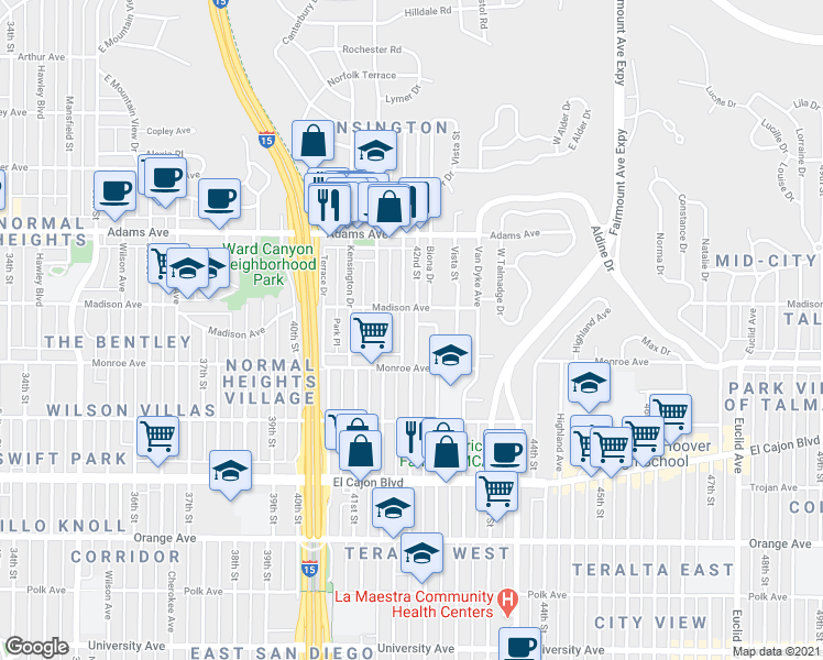 map of restaurants, bars, coffee shops, grocery stores, and more near 4545 Edgeware Road in San Diego