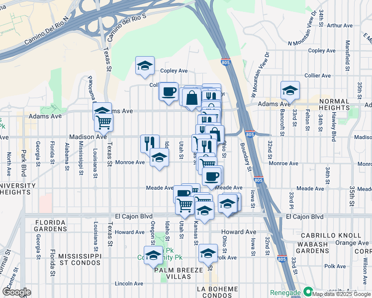map of restaurants, bars, coffee shops, grocery stores, and more near 4540 Kansas Street in San Diego