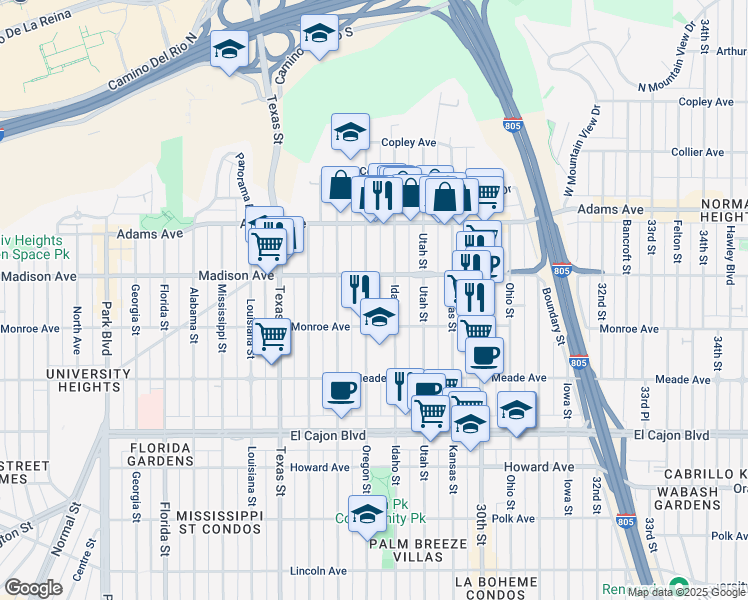 map of restaurants, bars, coffee shops, grocery stores, and more near 4541 Oregon Street in San Diego