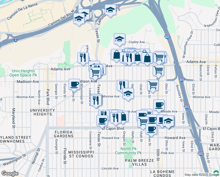 map of restaurants, bars, coffee shops, grocery stores, and more near 4544 Hamilton Street in San Diego