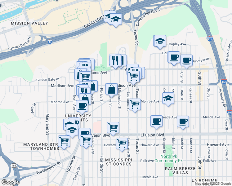 map of restaurants, bars, coffee shops, grocery stores, and more near 4525 Alabama Street in San Diego