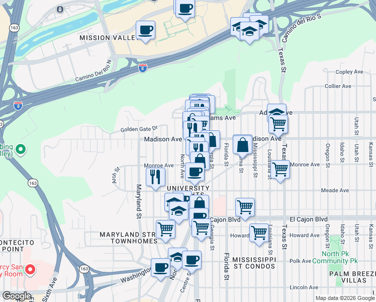 map of restaurants, bars, coffee shops, grocery stores, and more near 4553 North Avenue in San Diego