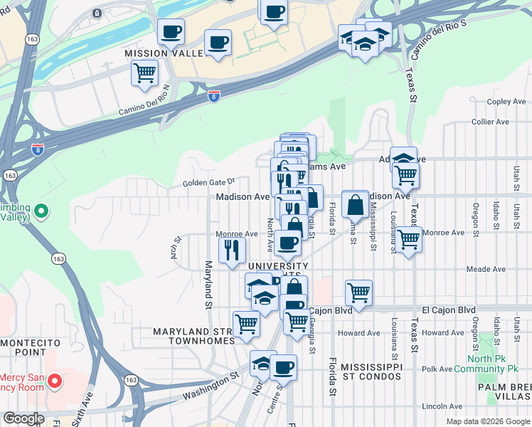 map of restaurants, bars, coffee shops, grocery stores, and more near 4545 Campus Avenue in San Diego