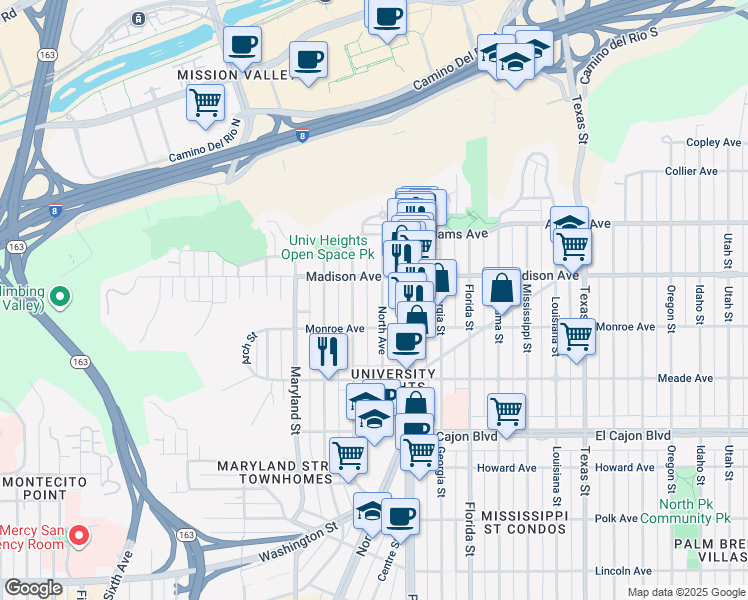 map of restaurants, bars, coffee shops, grocery stores, and more near 4545 Campus Avenue in San Diego