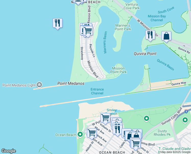 map of restaurants, bars, coffee shops, grocery stores, and more near 2629 Ocean Front Walk in San Diego
