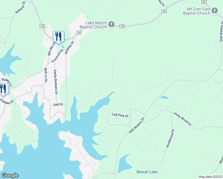 map of restaurants, bars, coffee shops, grocery stores, and more near 553 Beach Island Trace in Dadeville