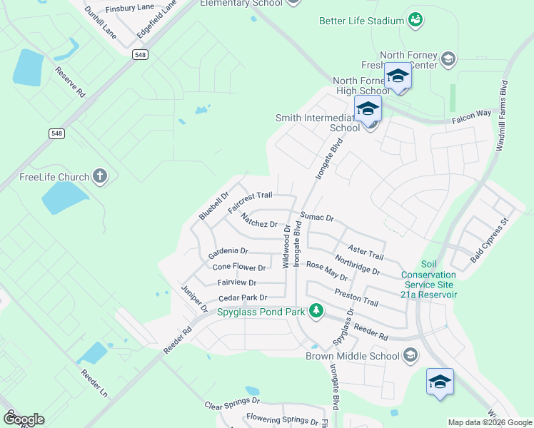 map of restaurants, bars, coffee shops, grocery stores, and more near 2015 Natchez Drive in Forney