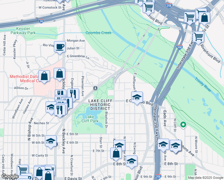 map of restaurants, bars, coffee shops, grocery stores, and more near 931 North Marsalis Avenue in Dallas