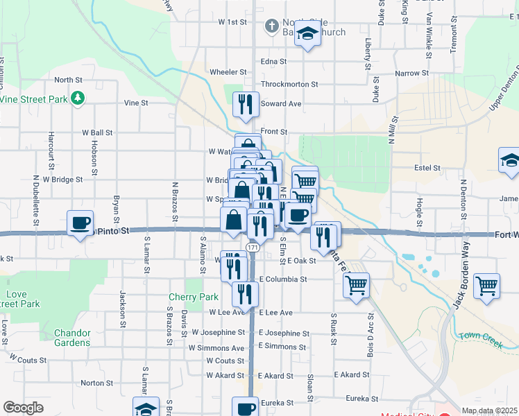map of restaurants, bars, coffee shops, grocery stores, and more near 110 North Main Street in Weatherford