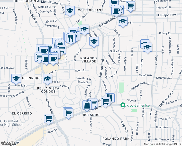 map of restaurants, bars, coffee shops, grocery stores, and more near 4530 Revillo Way in San Diego
