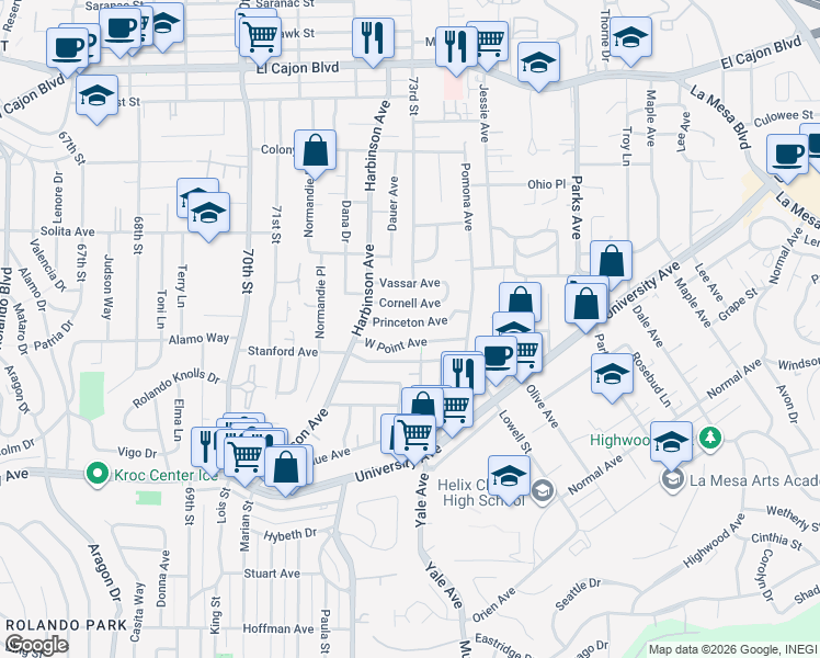 map of restaurants, bars, coffee shops, grocery stores, and more near 7291 Princeton Avenue in La Mesa