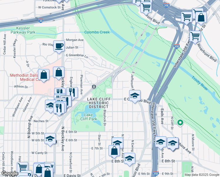 map of restaurants, bars, coffee shops, grocery stores, and more near 929 North Marsalis Avenue in Dallas