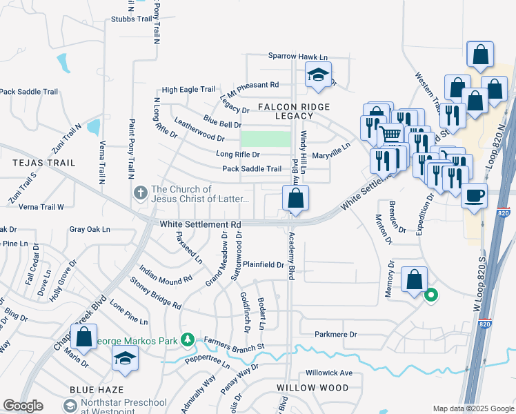 map of restaurants, bars, coffee shops, grocery stores, and more near 120 Callender Drive in Fort Worth