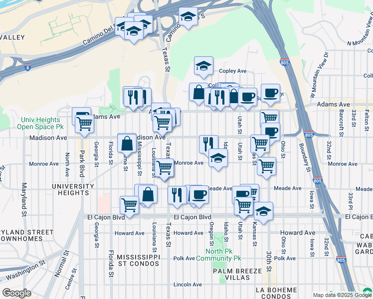 map of restaurants, bars, coffee shops, grocery stores, and more near 4545 Arizona Street in San Diego