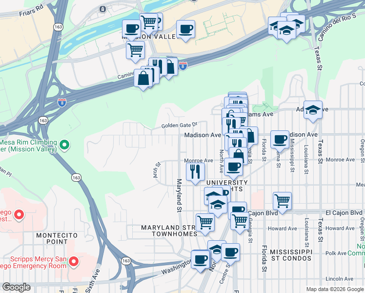 map of restaurants, bars, coffee shops, grocery stores, and more near 4551 Maryland Street in San Diego