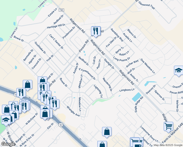 map of restaurants, bars, coffee shops, grocery stores, and more near 112 East Forestwood Drive in Forney