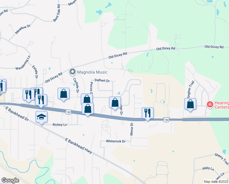 map of restaurants, bars, coffee shops, grocery stores, and more near 314 Beaumont Drive in Weatherford