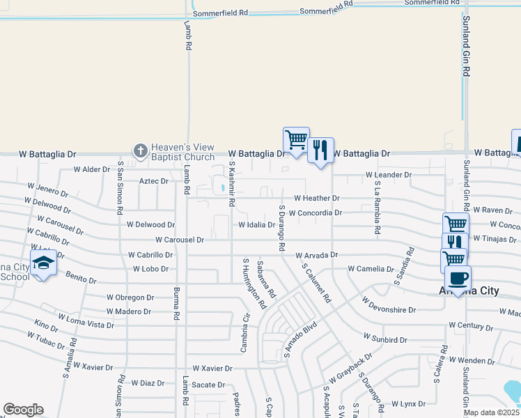 map of restaurants, bars, coffee shops, grocery stores, and more near 13184 South Kin Circle in Arizona City