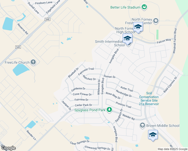 map of restaurants, bars, coffee shops, grocery stores, and more near 2202 Sumac Drive in Forney