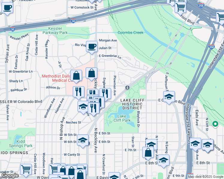 map of restaurants, bars, coffee shops, grocery stores, and more near 1339 Plowman Avenue in Dallas