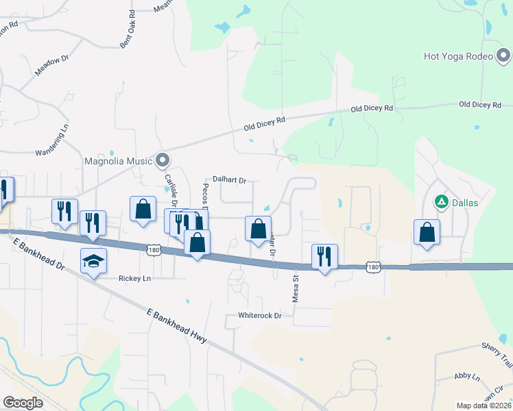 map of restaurants, bars, coffee shops, grocery stores, and more near 310 Beaumont Drive in Weatherford