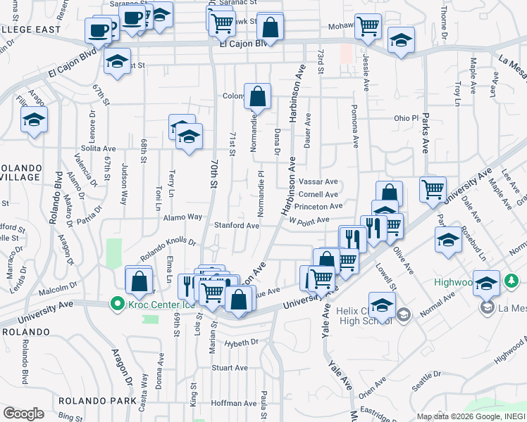 map of restaurants, bars, coffee shops, grocery stores, and more near 4475 Normandie Place in La Mesa
