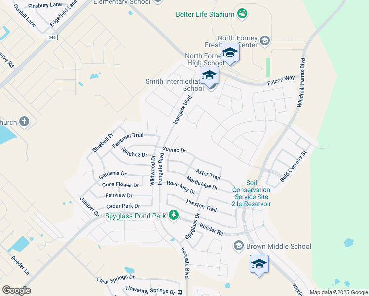map of restaurants, bars, coffee shops, grocery stores, and more near 2109 Sumac Drive in Forney