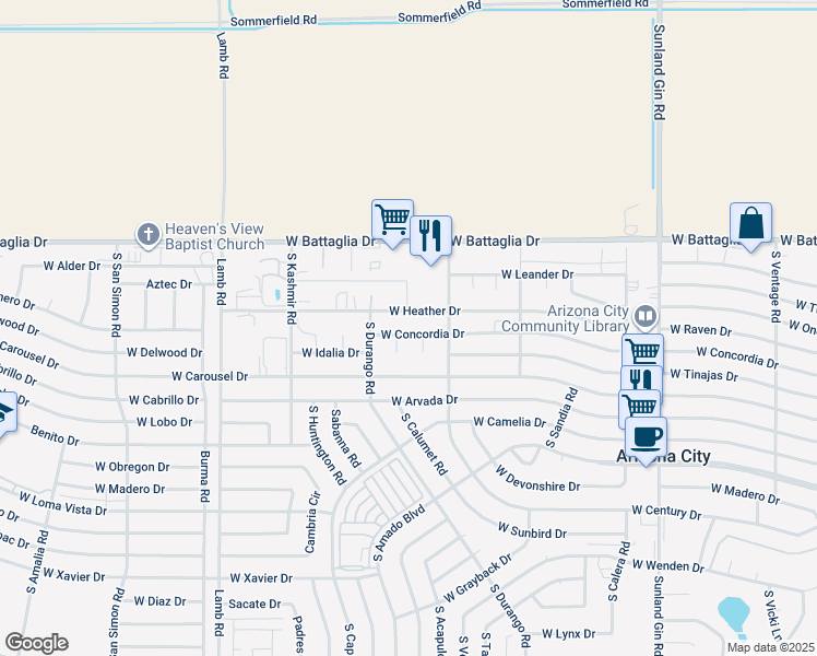 map of restaurants, bars, coffee shops, grocery stores, and more near 10548 West Concordia Drive in Arizona City