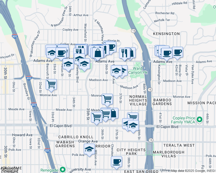 map of restaurants, bars, coffee shops, grocery stores, and more near 4555 36th Street in San Diego