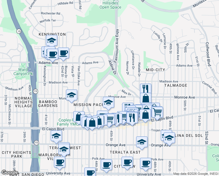 map of restaurants, bars, coffee shops, grocery stores, and more near 4551 Highland Avenue in San Diego