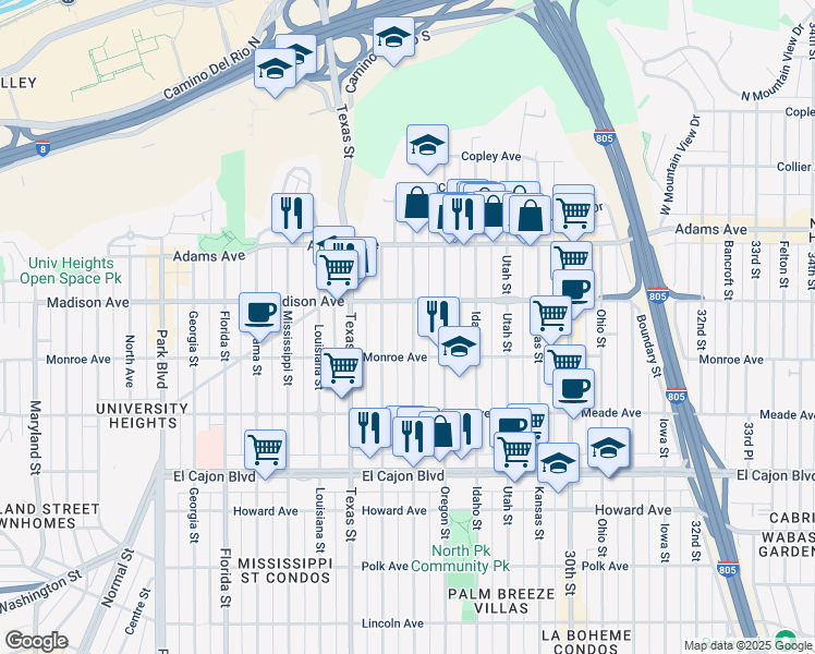 map of restaurants, bars, coffee shops, grocery stores, and more near 4552 Hamilton Street in San Diego
