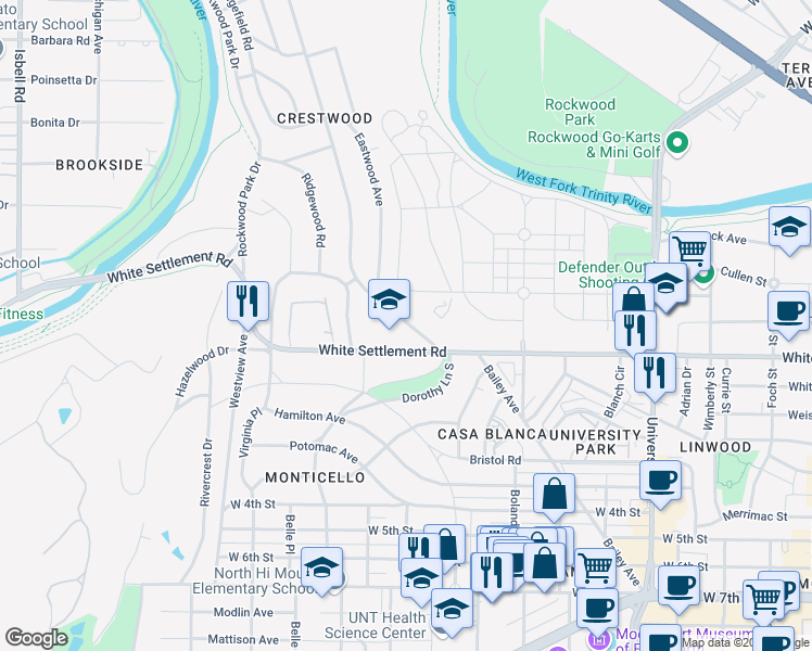 map of restaurants, bars, coffee shops, grocery stores, and more near 143 North Bailey Avenue in Fort Worth