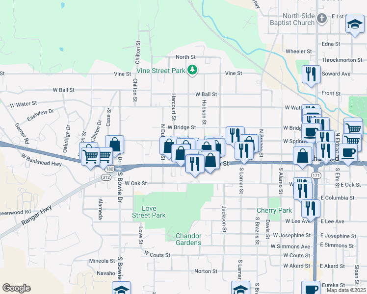 map of restaurants, bars, coffee shops, grocery stores, and more near 805 West Spring Street in Weatherford