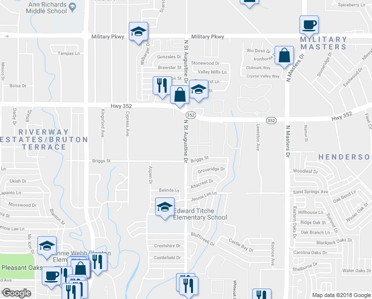map of restaurants, bars, coffee shops, grocery stores, and more near 2848 North Saint Augustine Drive in Dallas