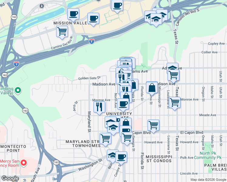 map of restaurants, bars, coffee shops, grocery stores, and more near 4545 Campus Avenue in San Diego
