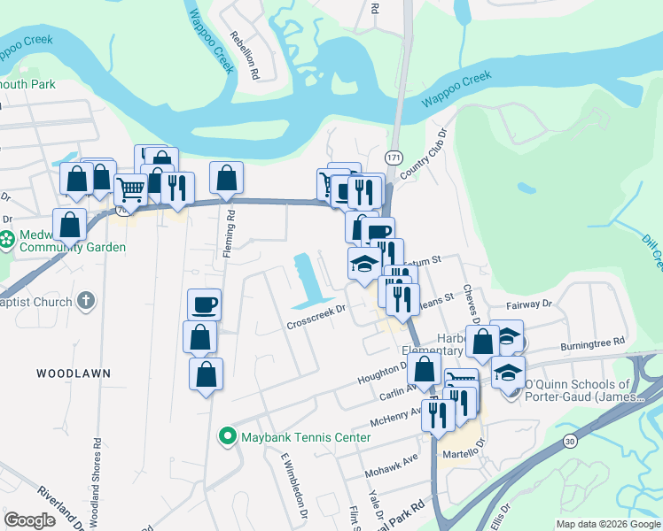map of restaurants, bars, coffee shops, grocery stores, and more near 8 Town Park Lane in Charleston