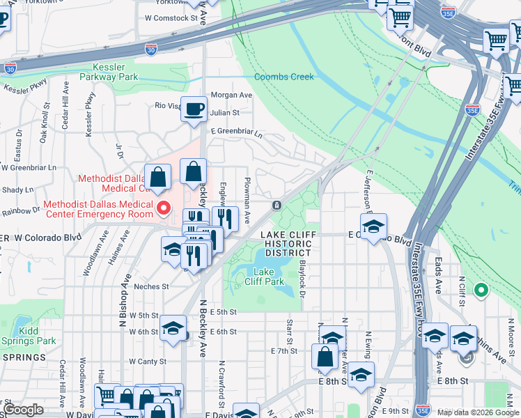 map of restaurants, bars, coffee shops, grocery stores, and more near 390 East Oakenwald Street in Dallas
