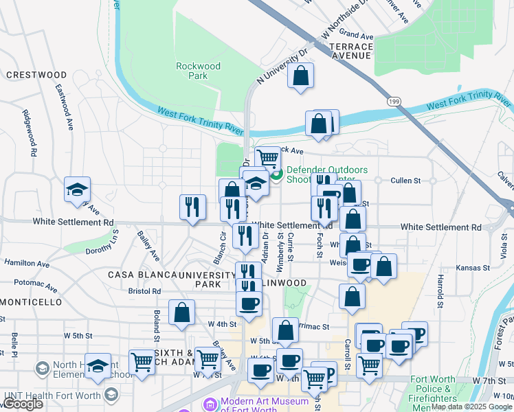 map of restaurants, bars, coffee shops, grocery stores, and more near 100 North University Drive in Fort Worth